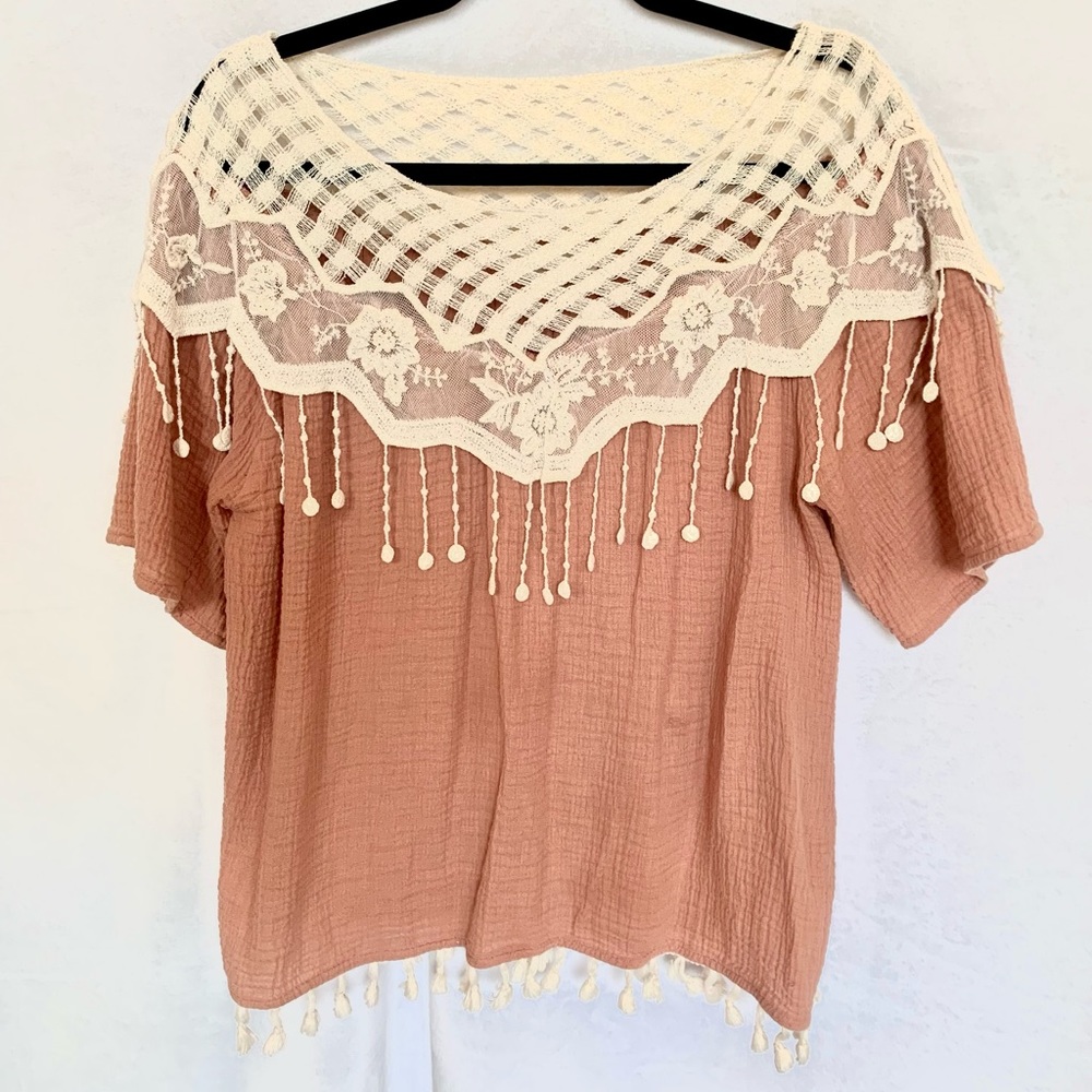Entro Terra Cotta Crinkle Top with Crotched Lace Collar and Tassles